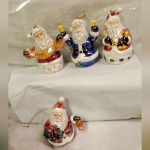 Set of 4 Christmas Santa Claus Ornaments Glossy Ceramic Pottery
